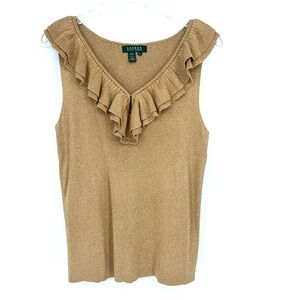 Ralph Lauren Tank Top Womens XL Silk Metallic Gold Ruffle Holiday Ribbed Festive